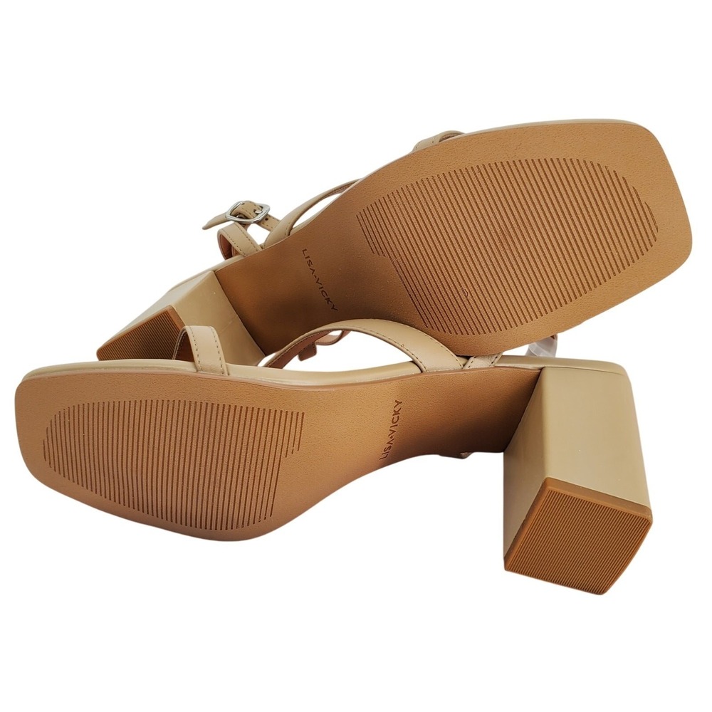 Lisa Vicky Violet V Tan Strappy Block Heel Square Toe Sandals Womens 9M New - Picture 6 of 7